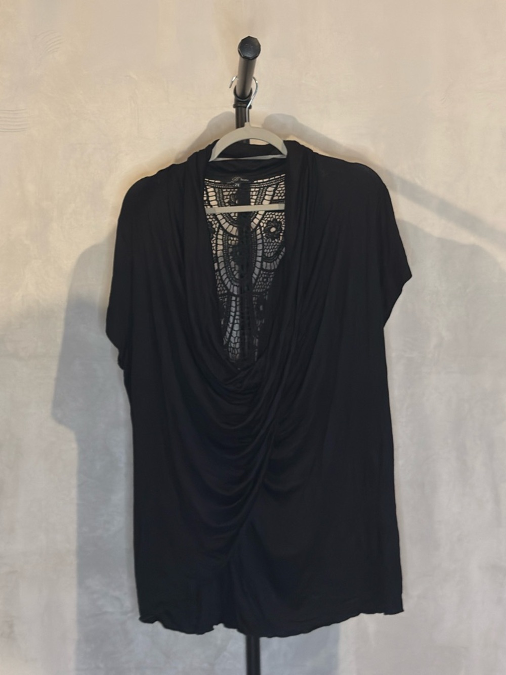 B’Leev Black Draped Front Lace Back Top Size 2X